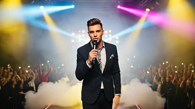 Male host stands on stage with microphone and speaks to audience at event with colorful lights. Performance and entertainment concept.