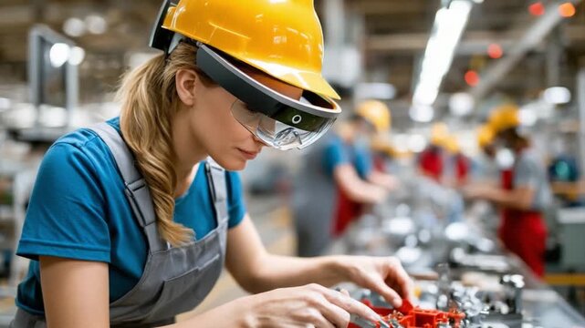 Industry Innovator: A female engineer, focused on her task within a modern factory setting. Utilizing augmented reality technology to enhance her precision and efficiency.