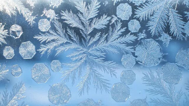 Beautiful frosty patterns on a window pane during winter, close-up view.