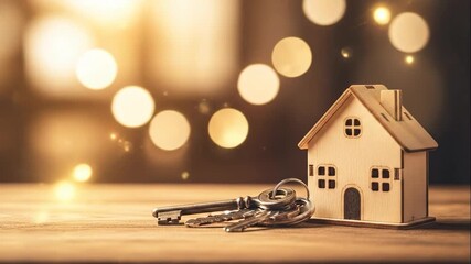 Wooden house model with keys on a table, symbolizing home ownership and real estate investment with golden bokeh lights. - Powered by Adobe