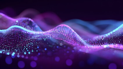 Abstract glowing ethereal light waves with shimmering particles in deep purple and electric blue hues creating a futuristic digital landscape