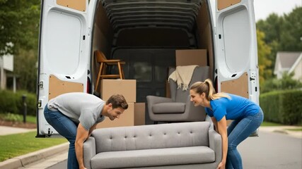 Man and woman moving sofa out of cargo van. Moving furniture delivery service. Home relocation and moving concept.