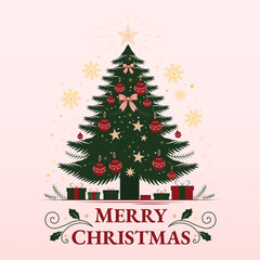 Merry Christmas, and Christmas tree and some presents under it, with a cute pink background and stars. Vector Illustration.