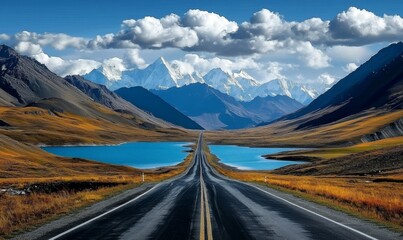 Majestic mountains rise in the distance, framed by a clear sky.