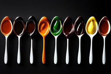A showcase of diverse sauces in spoons on a sleek black surface.