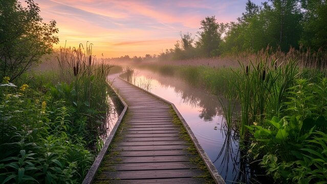 Serene Wooden Boardwalk Over Marshland at Sunrise