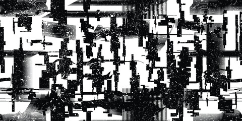 Fototapeta premium Glitch distorted grungy endless pattern . Cyber punk seamless pattern texture. Textured futuristic background . Glitched shapes with dots and lines .Screen print repeating pattern texture 