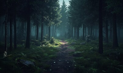 Discover the enchanting path surrounded by towering trees.