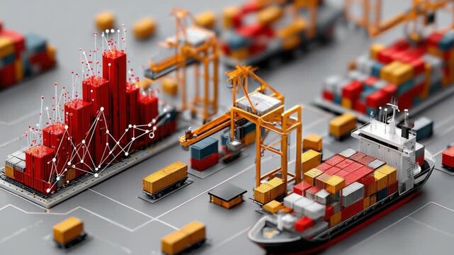Global Trade Dynamics: A dynamic depiction of international trade and commerce, with containers, ships, cranes, and data visualizations representing the movement of goods and economic activity.
