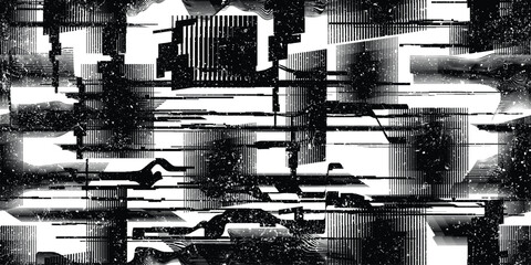 Glitch distorted grungy endless pattern . Cyber punk seamless pattern texture. Textured futuristic background . Glitched shapes with dots and lines .Screen print repeating pattern texture
