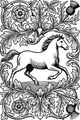 Vintage Engraved Horse with Ornate Floral Frame