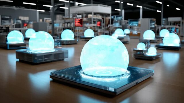 Futuristic Tech Spheres: Glowing, translucent spheres levitate on metallic platforms within a modern, technologically advanced interior. Capturing the essence of innovation and forward-thinking.