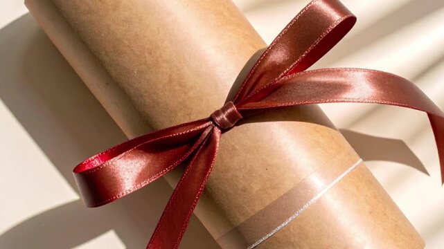 A rolled-up graduation diploma or academic certificate scroll tied with a beautiful brown satin ribbon bow, representing achievement and success