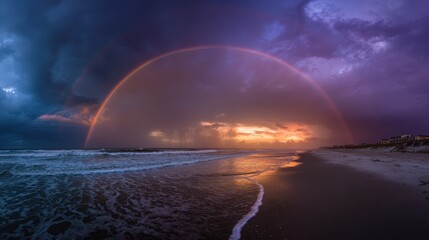 A rainbow appears over a beach with a dark sky