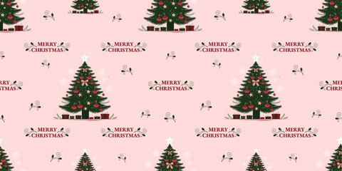 Merry Christmas, and Christmas tree and some presents under it, ribbon coquette, with a cute pink background in a Seamless Pattern.