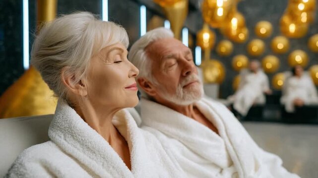 Serene Spa Relaxation: A mature couple finds tranquility, enveloped in the soft embrace of a luxurious spa setting, embodying a moment of pure calm and well-being.