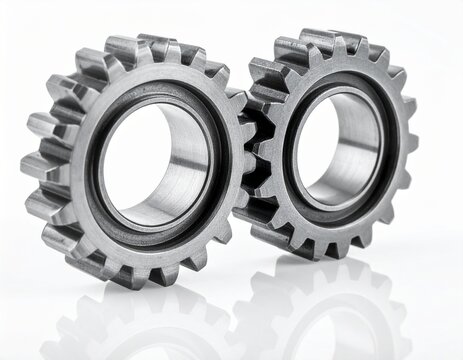 Macro photo of two interlocking metal steel gears, representing mechanism, teamwork, industry, and engineering precision.