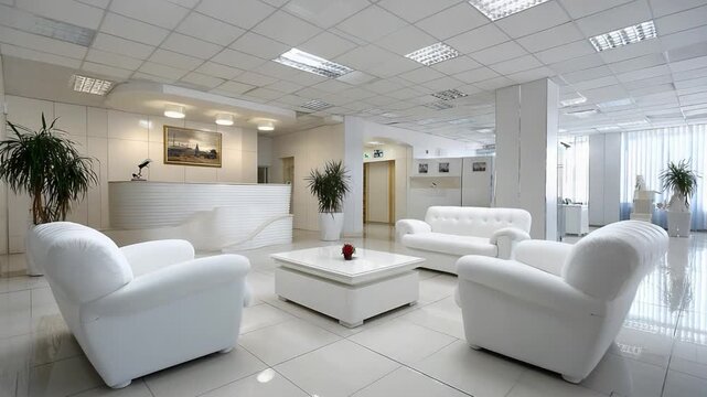 Modern Reception Elegance: A meticulously designed reception area boasts a serene atmosphere, featuring crisp white furnishings. The welcoming space embodies sophistication.