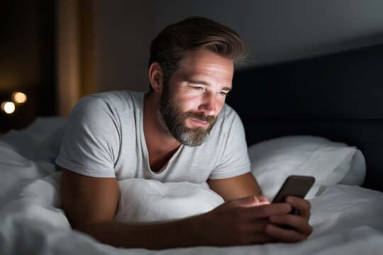 Relaxed adult man lying in bed at night using smartphone indoors, enjoying leisure time, casual clothing, and modern technology for communication - Powered by Adobe
