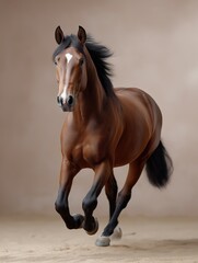 Obraz premium Elegant brown horse running gracefully in outdoor natural setting showcasing strength, agility, beauty, and the majestic presence of wildlife in a vibrant countryside environment