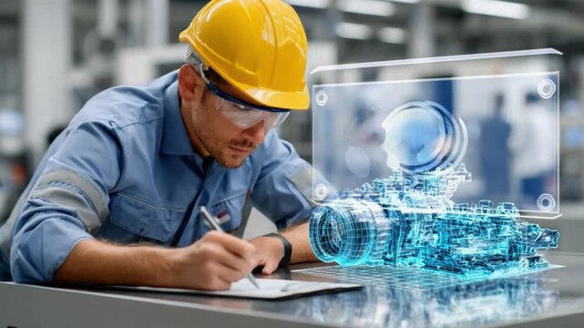 Precision and Innovation: An engineer, donned in safety gear, meticulously examines a technical blueprint, a testament to his expertise within a high-tech industrial setting.