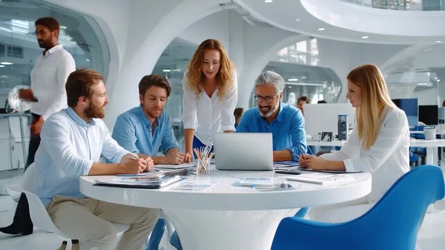 Collaboration in Contemporary Office: Colleagues huddle around a table, united in collaborative effort, working together to achieve a common goal