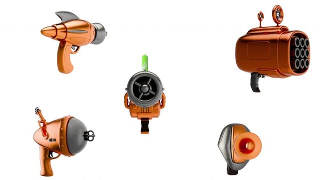 Space weapon, ray gun or alien blaster in realistic style. Loopable rotation element for game or movie. 3d animation isolated on white background with alpha matte channel.