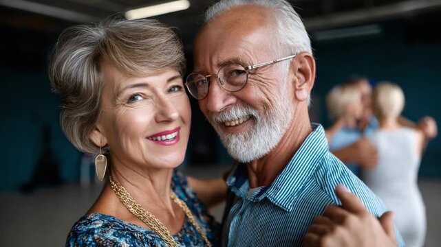 Dancing with Grace: A senior couple shares a moment of joyful connection, their eyes reflecting the depth of their long-lasting love and the simple pleasure of dancing together.
