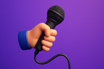 Confident cartoon hand holding microphone for powerful audio sound communication. 3d render style on purple background