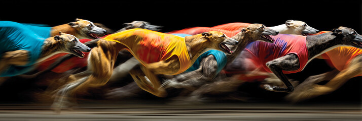 Hyper-Realistic Action Shot of a Group of Greyhounds Racing at Full Speed, captured mid-stride with dust trails, motion blur, cinematic lighting for a powerful, emotional sports image. Generative Ai.