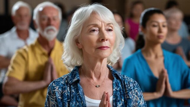 Serene Collective Meditation: A diverse group of individuals, united in their pursuit of inner peace, practices meditation. capturing the spirit of mindfulness, balance, and well-being. 