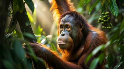 A majestic orangutan perched among lush green foliage, bathed in soft sunlight, showcasing its expressive face and vibrant fur.