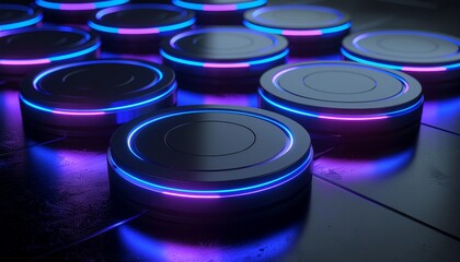 Futuristic glowing circular elements with blue and purple light in a dark, high-tech setting.
