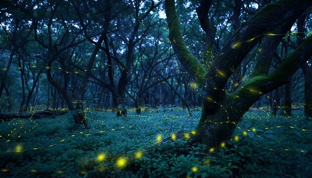 Magical Forest Scene with Glowing Fireflies and Twisted Tree in Nighttime Environment