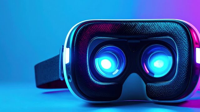 Immersive virtual reality headset glowing with futuristic blue and pink light, symbolizing digital exploration and gaming