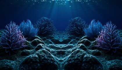 Underwater Scene with Coral Reefs and Sunlight Beams in Deep Ocean