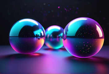 Vibrant Holographic Glass Spheres, Iridescent Neon Reflective Orbs in Cyan, Teal, and Purple Glow on Sparkling Dark Backdrop