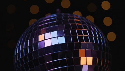 Disco ball rotating and scattering vibrant, iridescent lights over a dark, blurred bokeh background, evoking retro nightclub energy, shimmer and festive 70s80s atmosphere