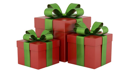 Three red gift boxes with green ribbons isolated on transparent background, presents