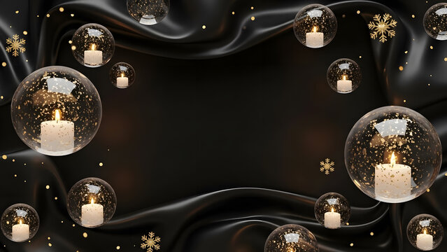 Elegant black background with candlelit ornaments and snowflakes for festive holiday season