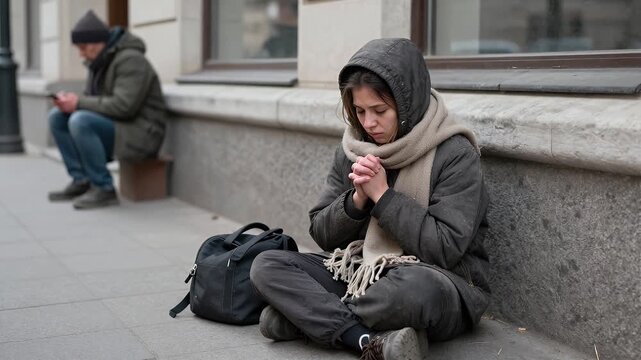 Young woman sitting on sidewalk in winter clothes with hands clasped, expressing feelings of anxiety and despair in urban setting