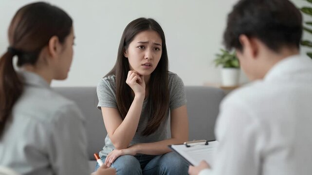 Young woman expressing concern during therapy session with therapist and companion in a bright, modern living room setting