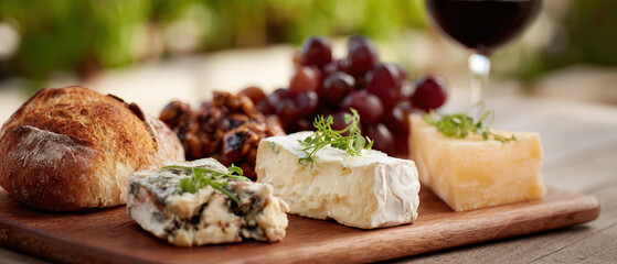 Cheese platter artisanal bread grapes walnuts outdoor dining soft cheese hard cheese herbs