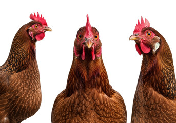 Fototapeta premium Three domestic hens with rich brown and speckled plumage, vibrant red combs, alert and curious, in a professional studio on a transparent background with no shadows, whimsical animal portrait