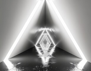 A futuristic, abstract tunnel with repeating illuminated triangular arches and a reflective floor, creating an infinite perspective.