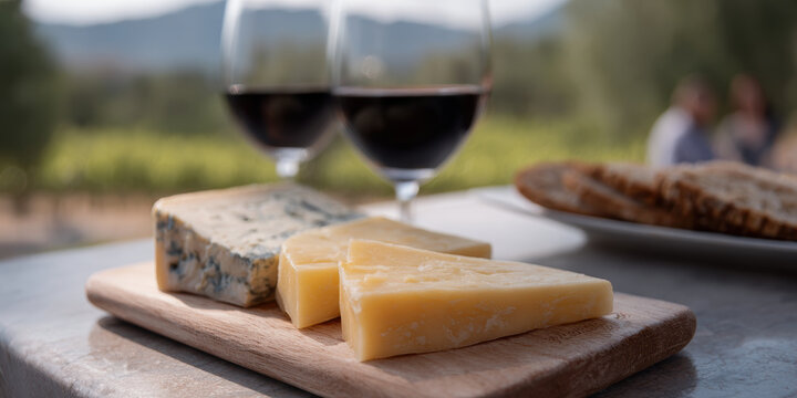 Cheese board wine outdoor vineyard closeup rustic wooden gourmet - Powered by Adobe