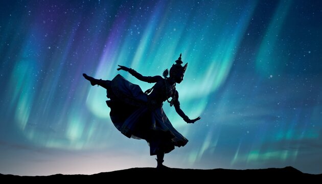Silhouette of Traditional Dancer Performing Under Aurora Borealis Night Sky