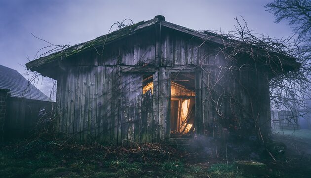 Old Wooden House Surrounded by Vines and Night Fog with Warm Light Inside - Powered by Adobe