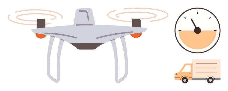 quadcopter hovering mid-air, delivery truck and stopwatch emphasizing fast shipping, precise timing. Ideal for logistics, technology, automation, delivery service, innovation, efficiency fast-paced