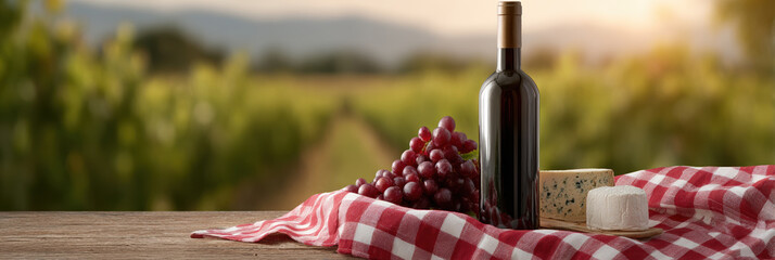 Wine bottle red grape picnic blanket vineyard countryside summer